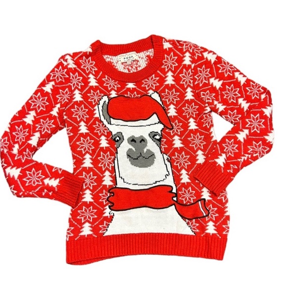 POOF Llama! Merry Ugly Christmas! Red & White Graphic Ugly Llama Sweater- Small - Picture 1 of 11